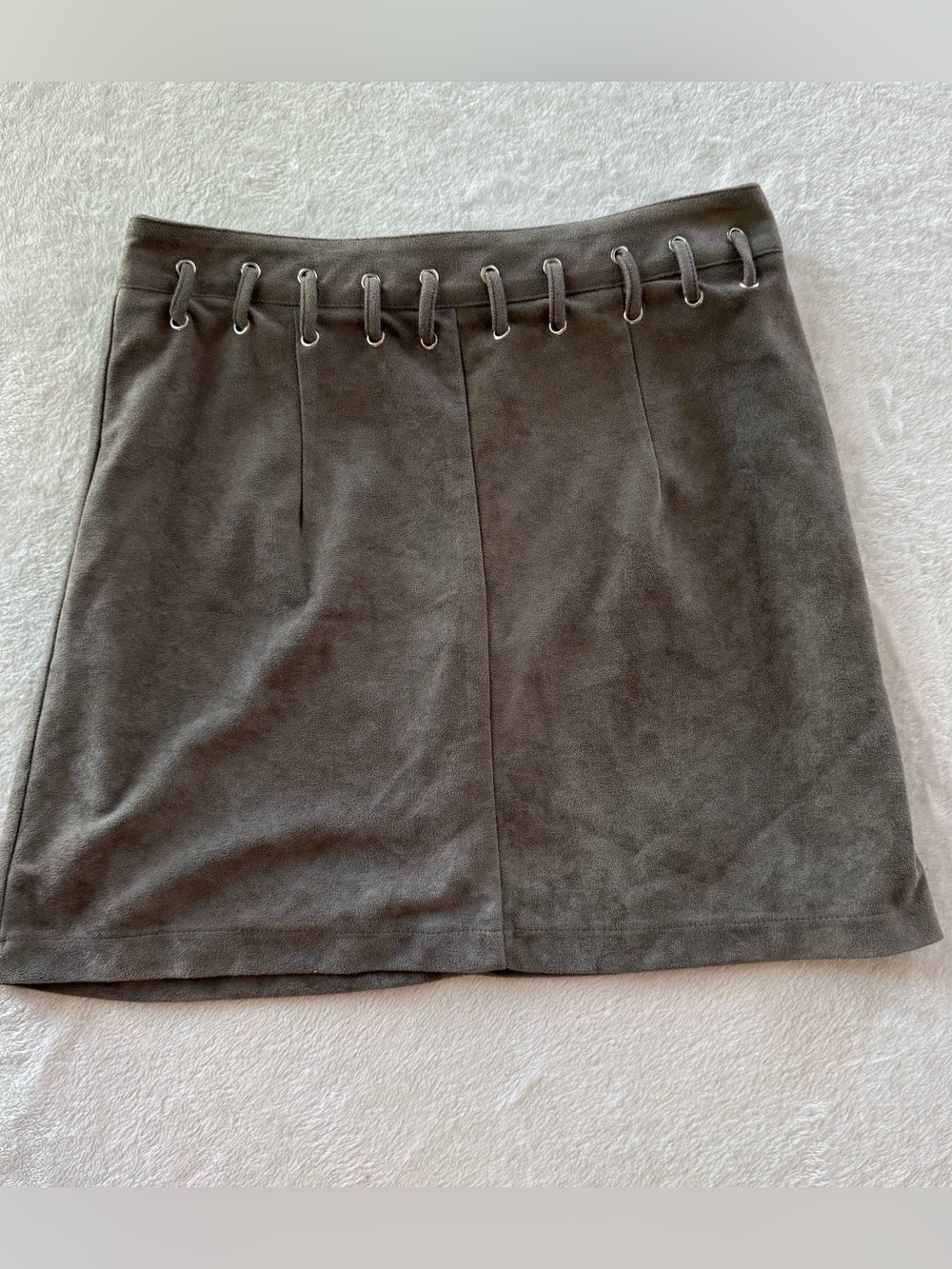 Suede-Feel Grey Mini Skirt with Grommet Detail